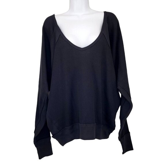 Free People Waffle Knit V-Neck Top Slouchy Oversized Beachy Boho Black NWT - Picture 2 of 9